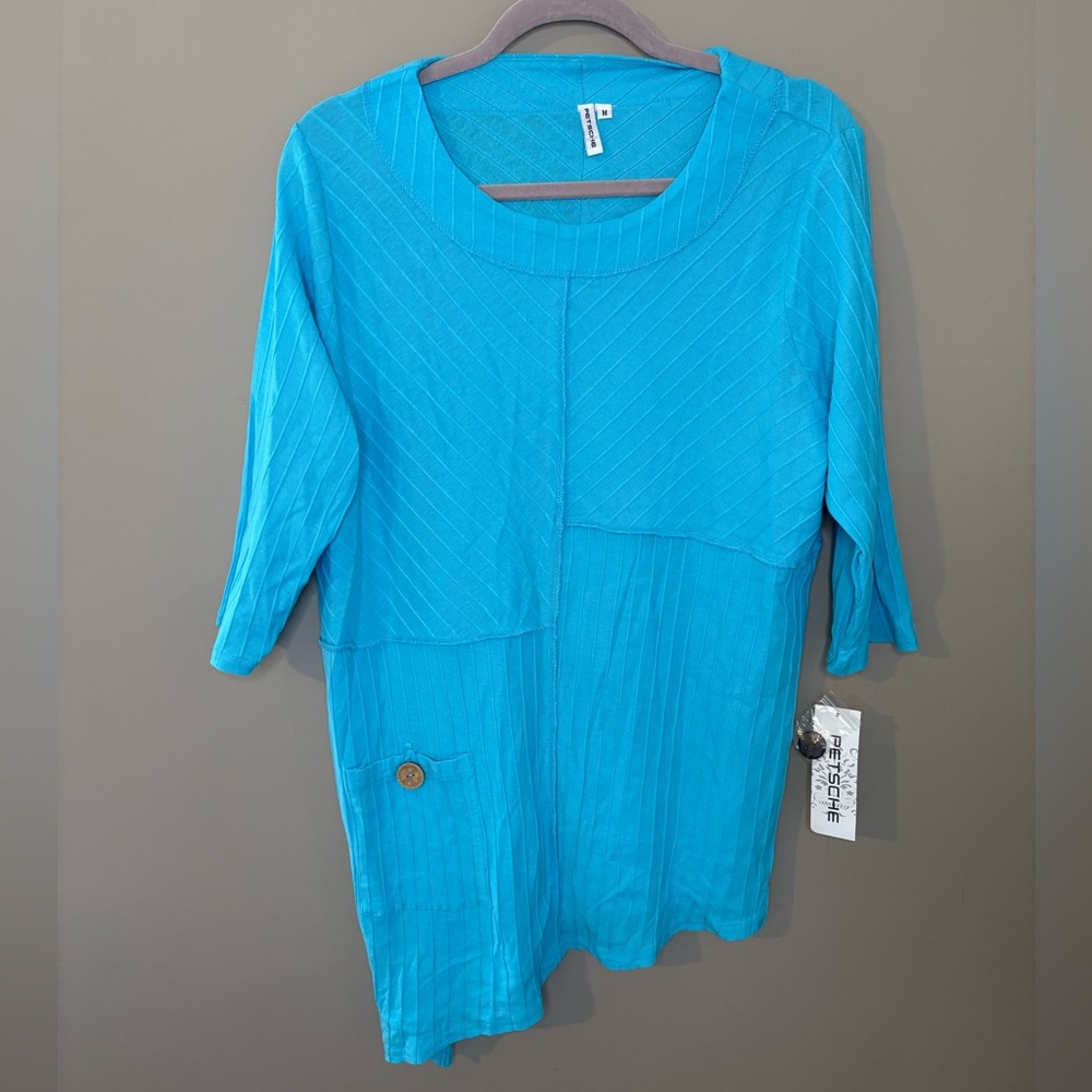 NEW Oversized Turquoise Cotton Textured Tunic Shirt Lagenlook Coastal Grandma